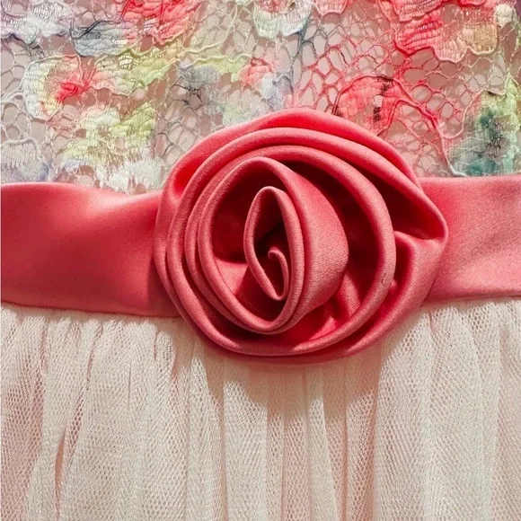 Bonnie Jean Floral Lace Dress with Pink Tulle Skirt - Picture 5 of 9